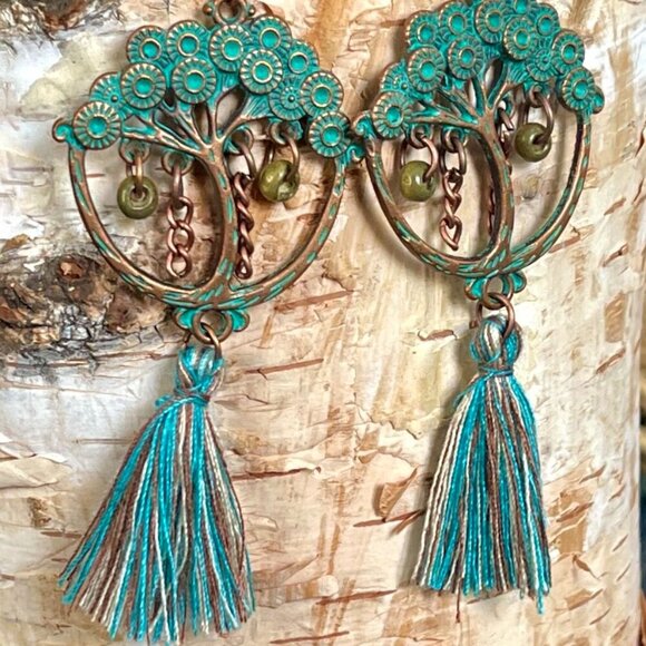 Style Bohemian Copper Patina Tree of Life Fring Dangle Fish Hook Peirce Earrings - Picture 2 of 5